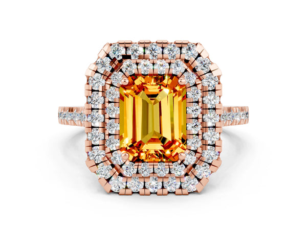 Rose gold Double Halo Emerald Cut Citrine Pavé Band with Four-Prong Setting