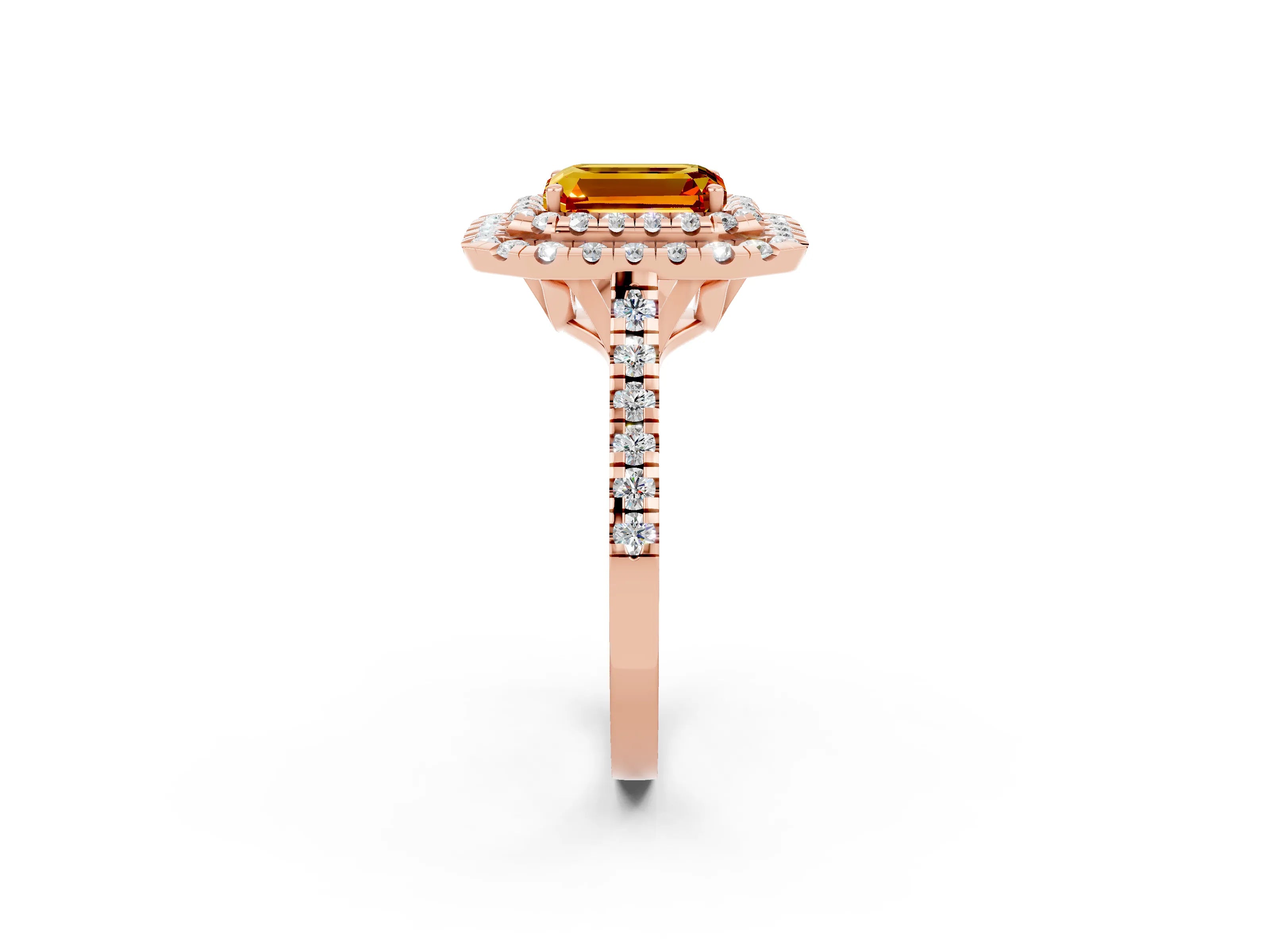 Rose gold Double Halo Emerald Cut Citrine Pavé Band with Four-Prong Setting_2