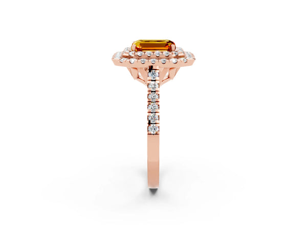 Rose gold Double Halo Emerald Cut Citrine Pavé Band with Four-Prong Setting
