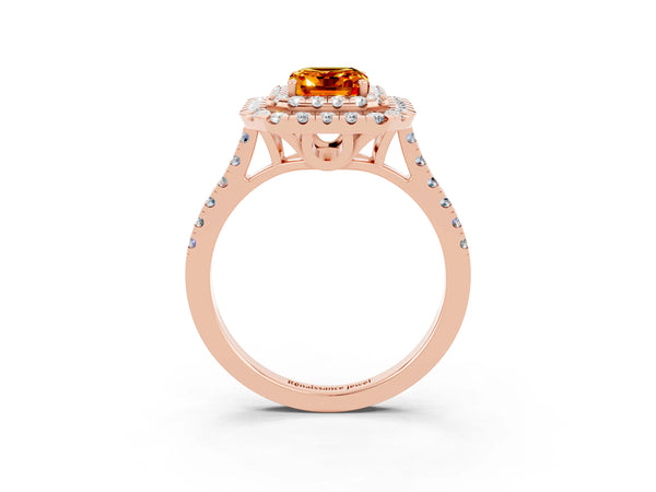 Rose gold Double Halo Emerald Cut Citrine Pavé Band with Four-Prong Setting
