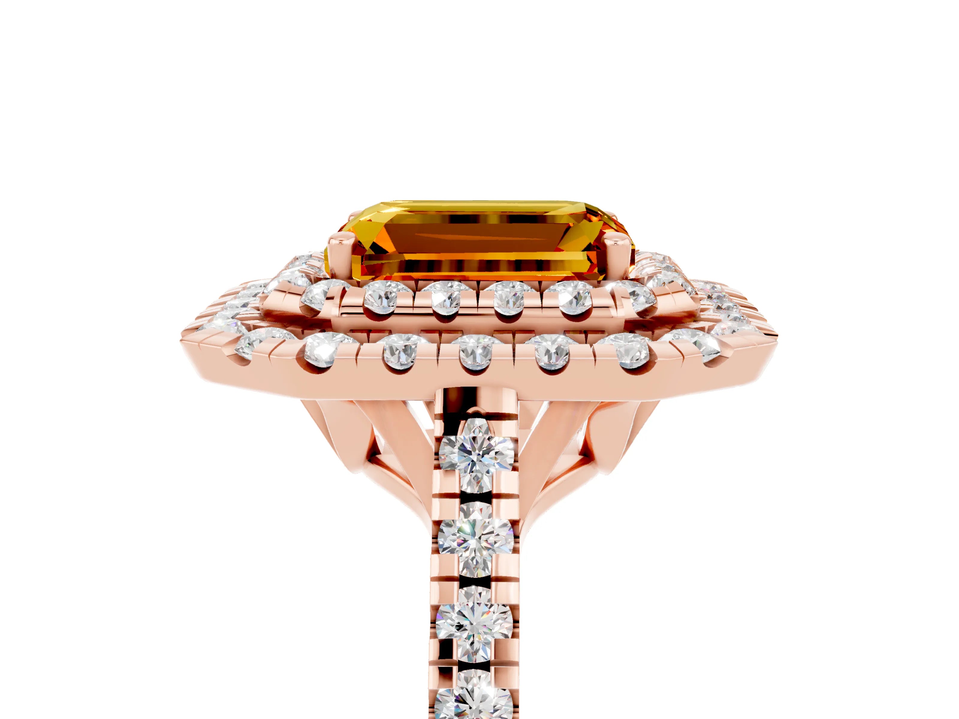 Rose gold Double Halo Emerald Cut Citrine Pavé Band with Four-Prong Setting_5