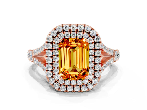 Rose gold Double Halo Emerald Cut Citrine Pavé Split Shank Ring with Prong Setting