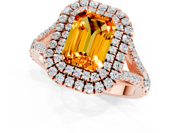 Rose gold Double Halo Emerald Cut Citrine Pavé Split Shank Ring with Prong Setting