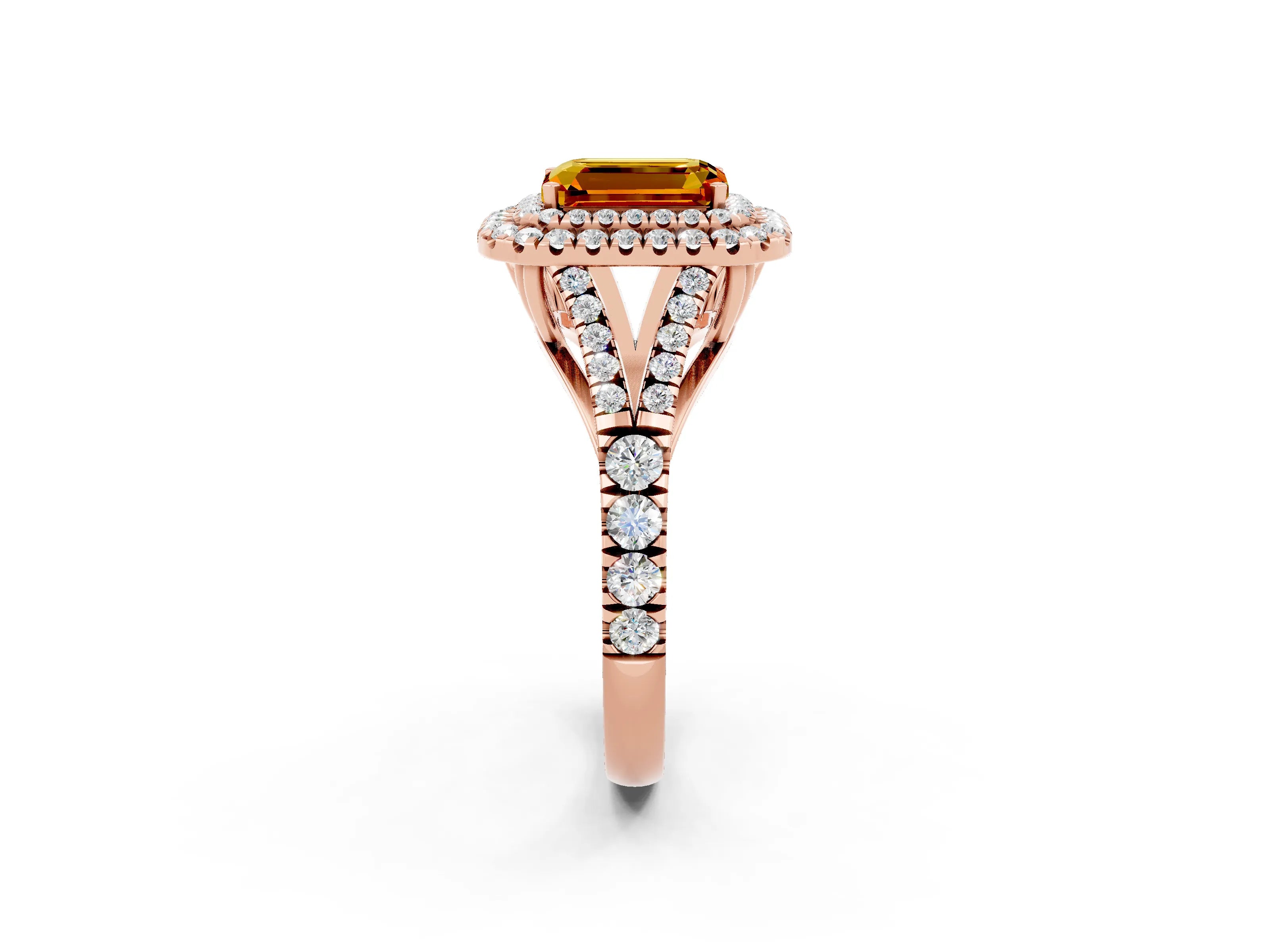 Rose gold Double Halo Emerald Cut Citrine Pavé Split Shank Ring with Prong Setting_2