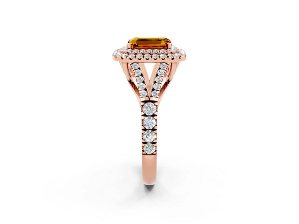 Rose gold Double Halo Emerald Cut Citrine Pavé Split Shank Ring with Prong Setting