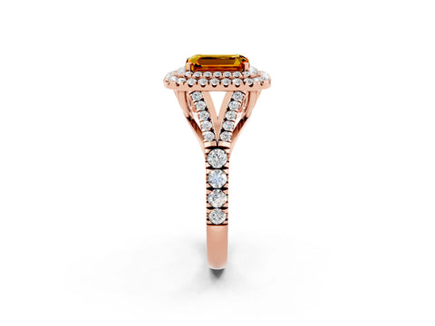 Rose gold Double Halo Emerald Cut Citrine Pavé Split Shank Ring with Prong Setting_2