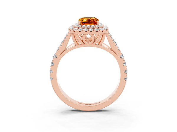 Rose gold Double Halo Emerald Cut Citrine Pavé Split Shank Ring with Prong Setting