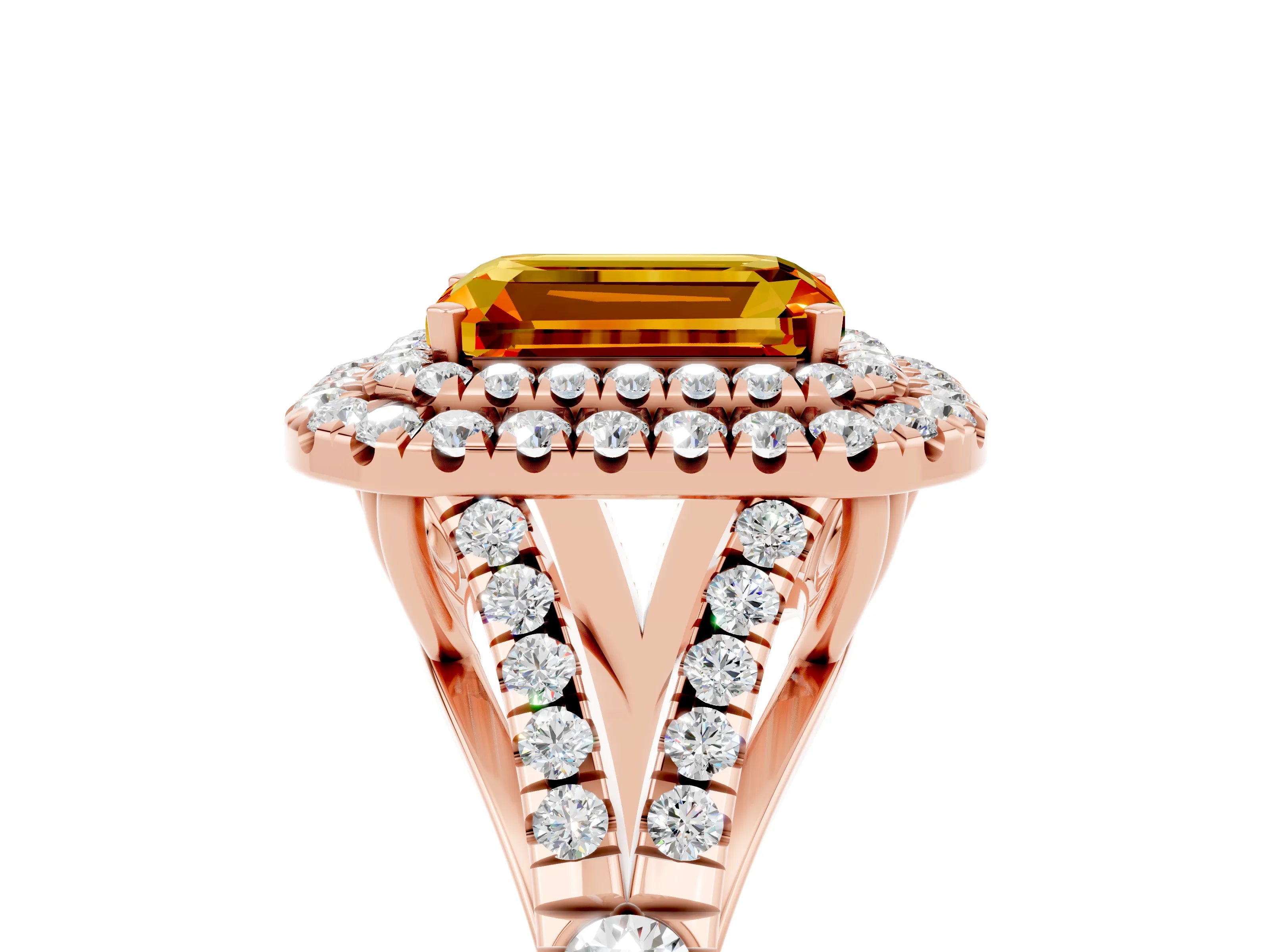 Rose gold Double Halo Emerald Cut Citrine Pavé Split Shank Ring with Prong Setting_5
