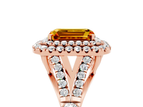 Rose gold Double Halo Emerald Cut Citrine Pavé Split Shank Ring with Prong Setting_5