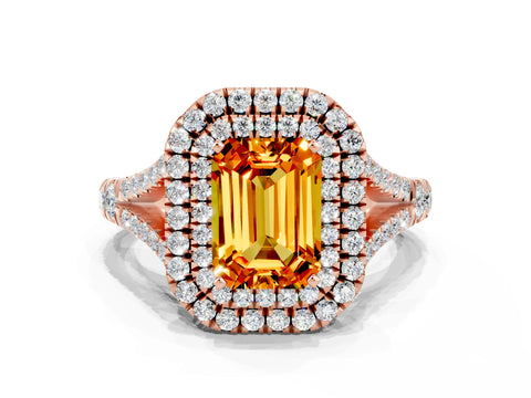 Rose gold Double Halo Emerald Cut Citrine Pavé Split Shank Ring with Prong Setting