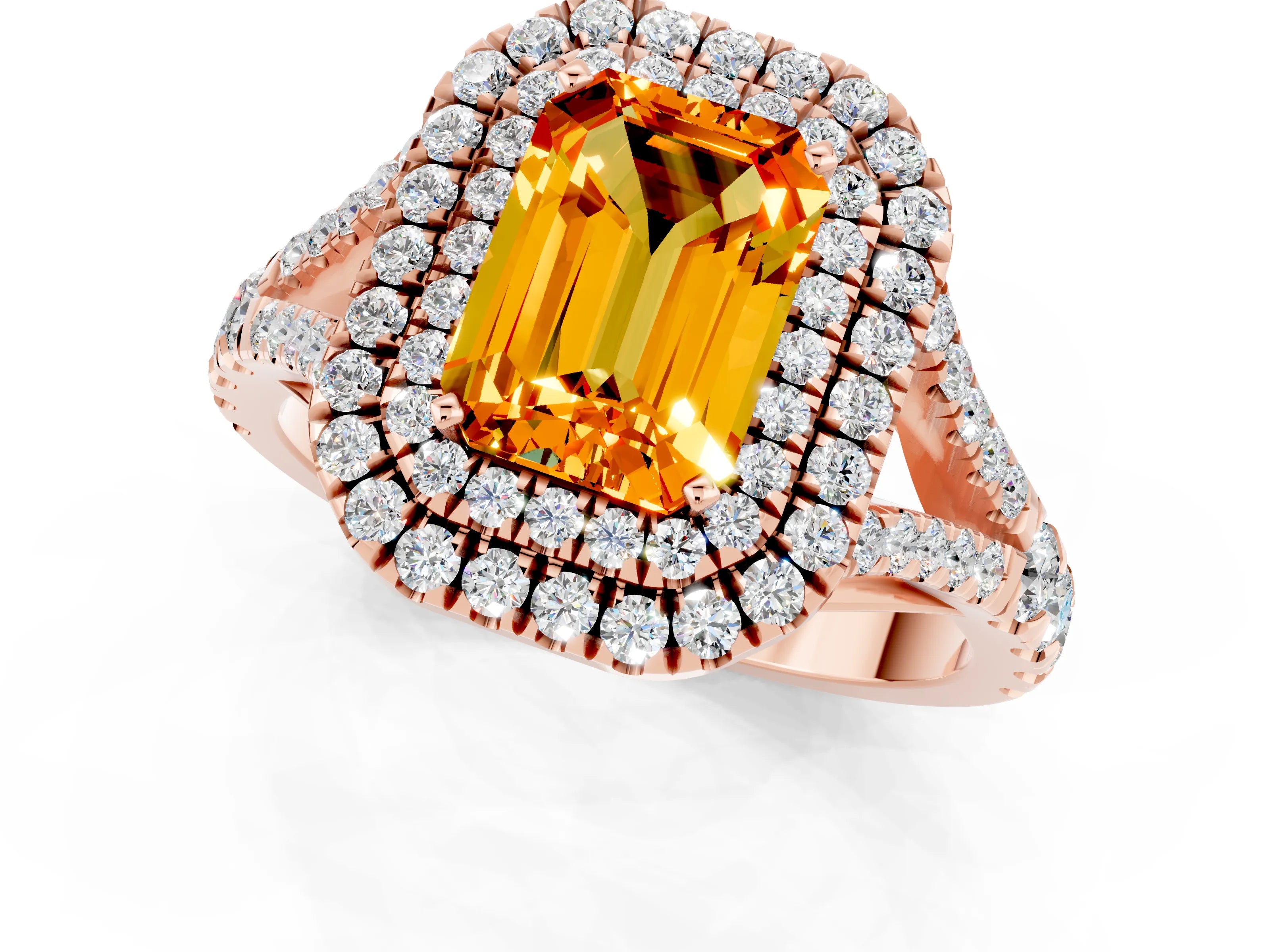 Rose gold Double Halo Emerald Cut Citrine Split Shank Engagement Ring with Four-Prong Setting_1