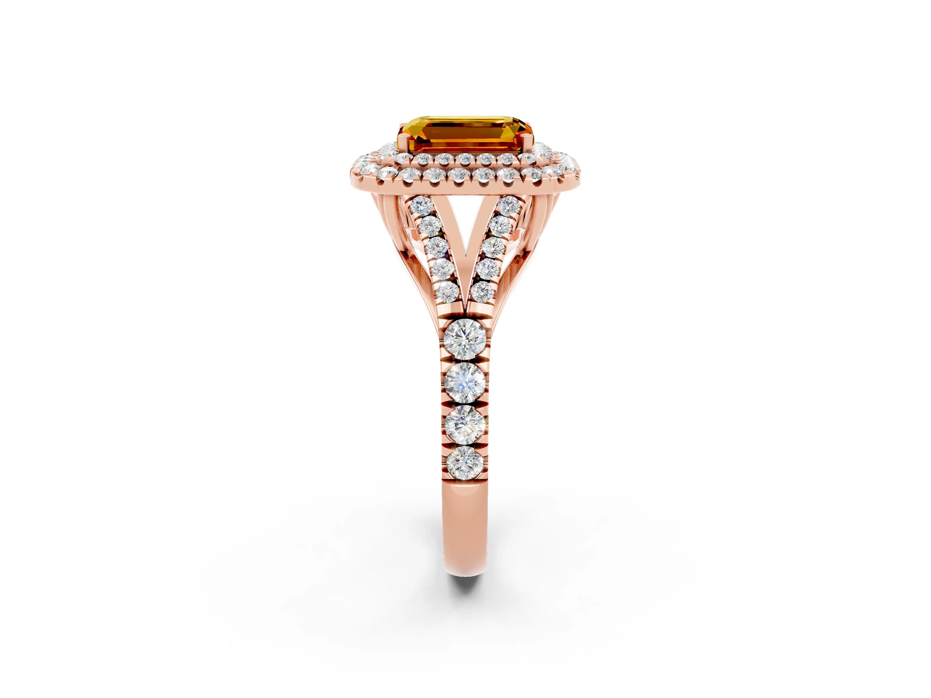 Rose gold Double Halo Emerald Cut Citrine Split Shank Engagement Ring with Four-Prong Setting_2