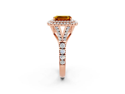 Rose gold Double Halo Emerald Cut Citrine Split Shank Engagement Ring with Four-Prong Setting_2