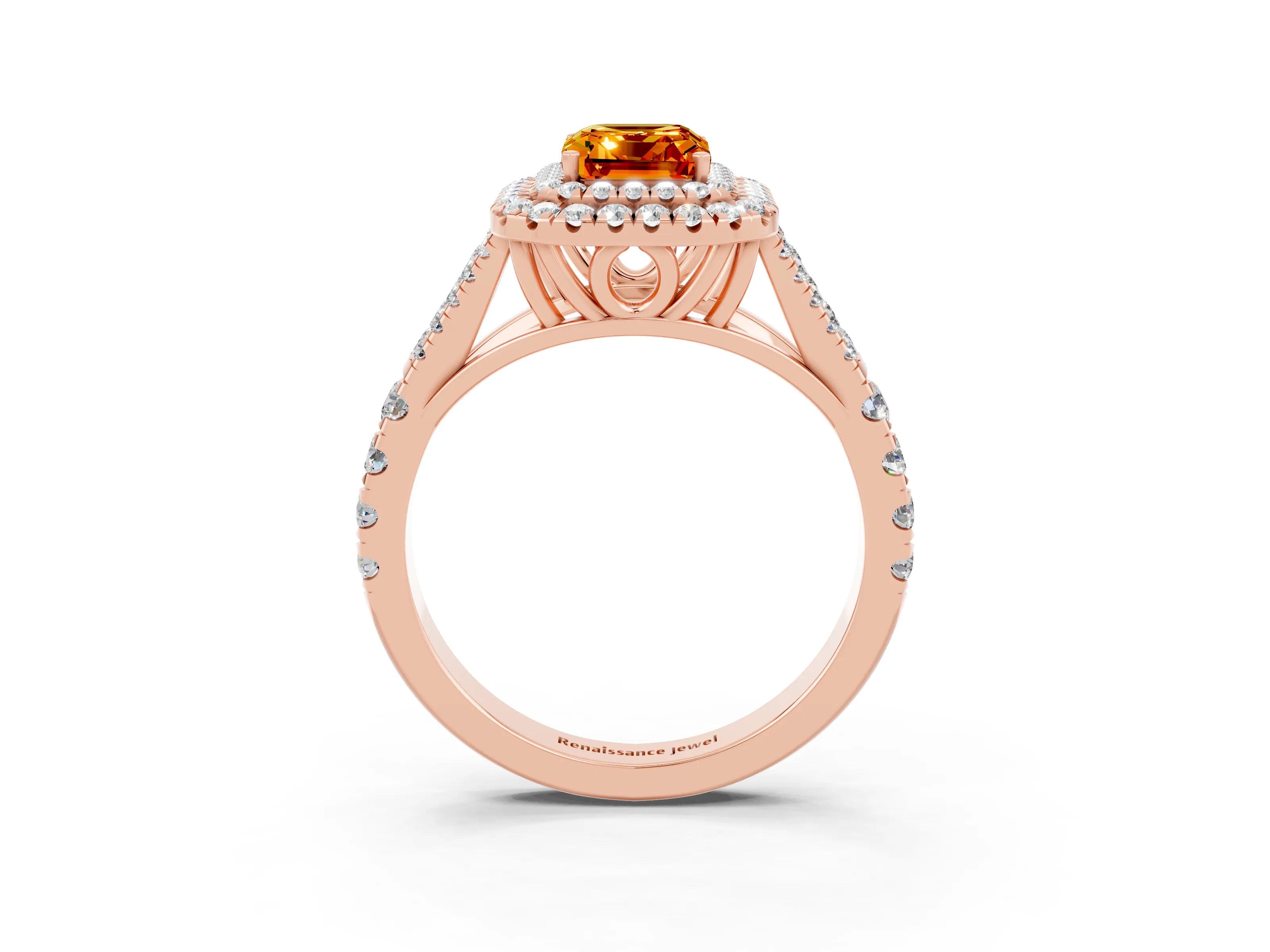Rose gold Double Halo Emerald Cut Citrine Split Shank Engagement Ring with Four-Prong Setting_3