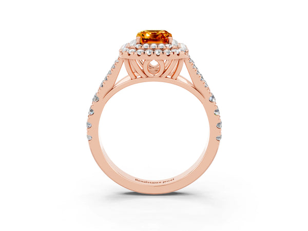 Rose gold Double Halo Emerald Cut Citrine Split Shank Engagement Ring with Four-Prong Setting
