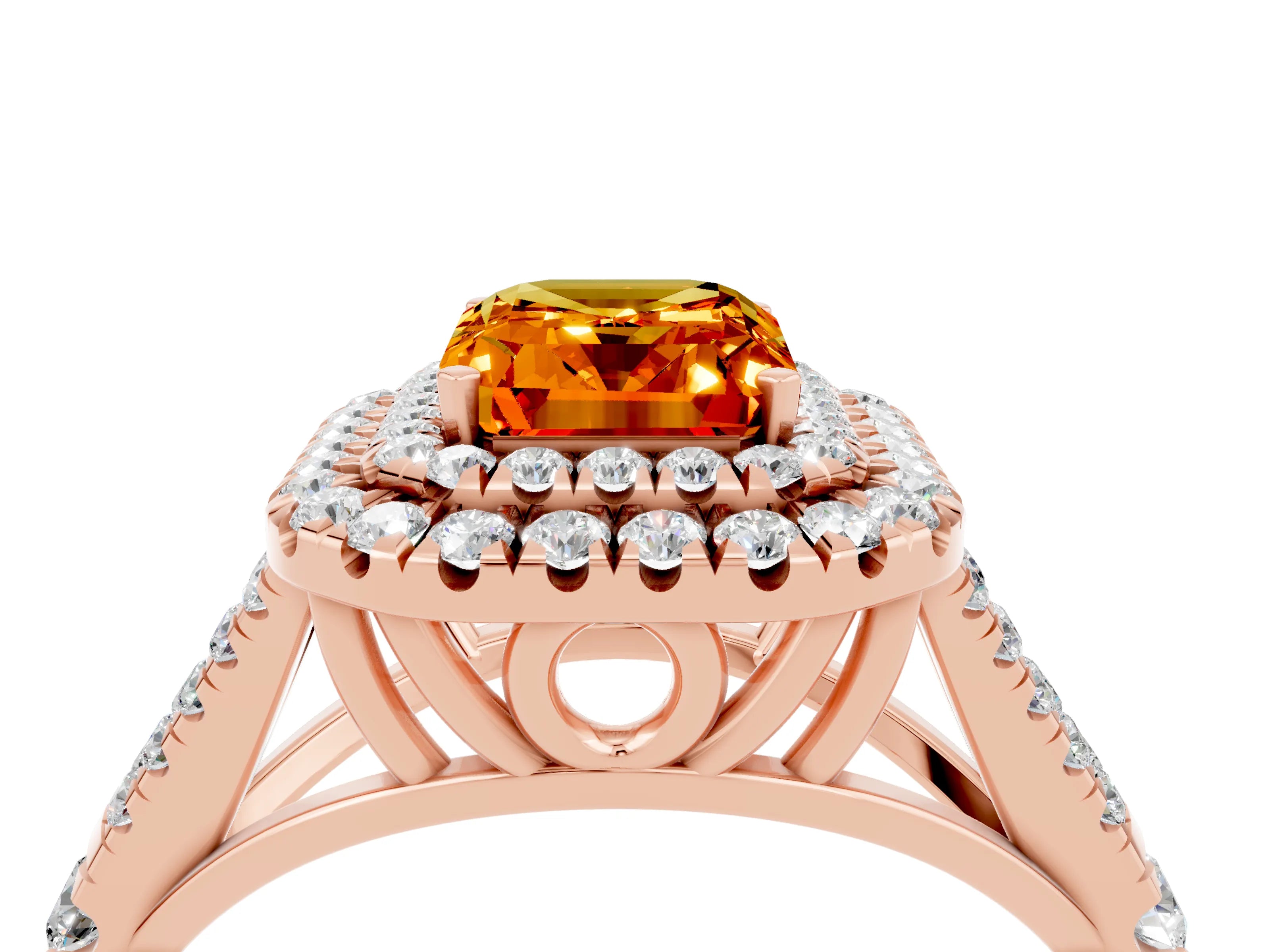 Rose gold Double Halo Emerald Cut Citrine Split Shank Engagement Ring with Four-Prong Setting_4