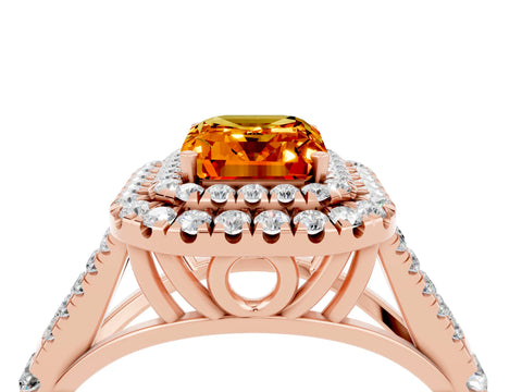Rose gold Double Halo Emerald Cut Citrine Split Shank Engagement Ring with Four-Prong Setting_4