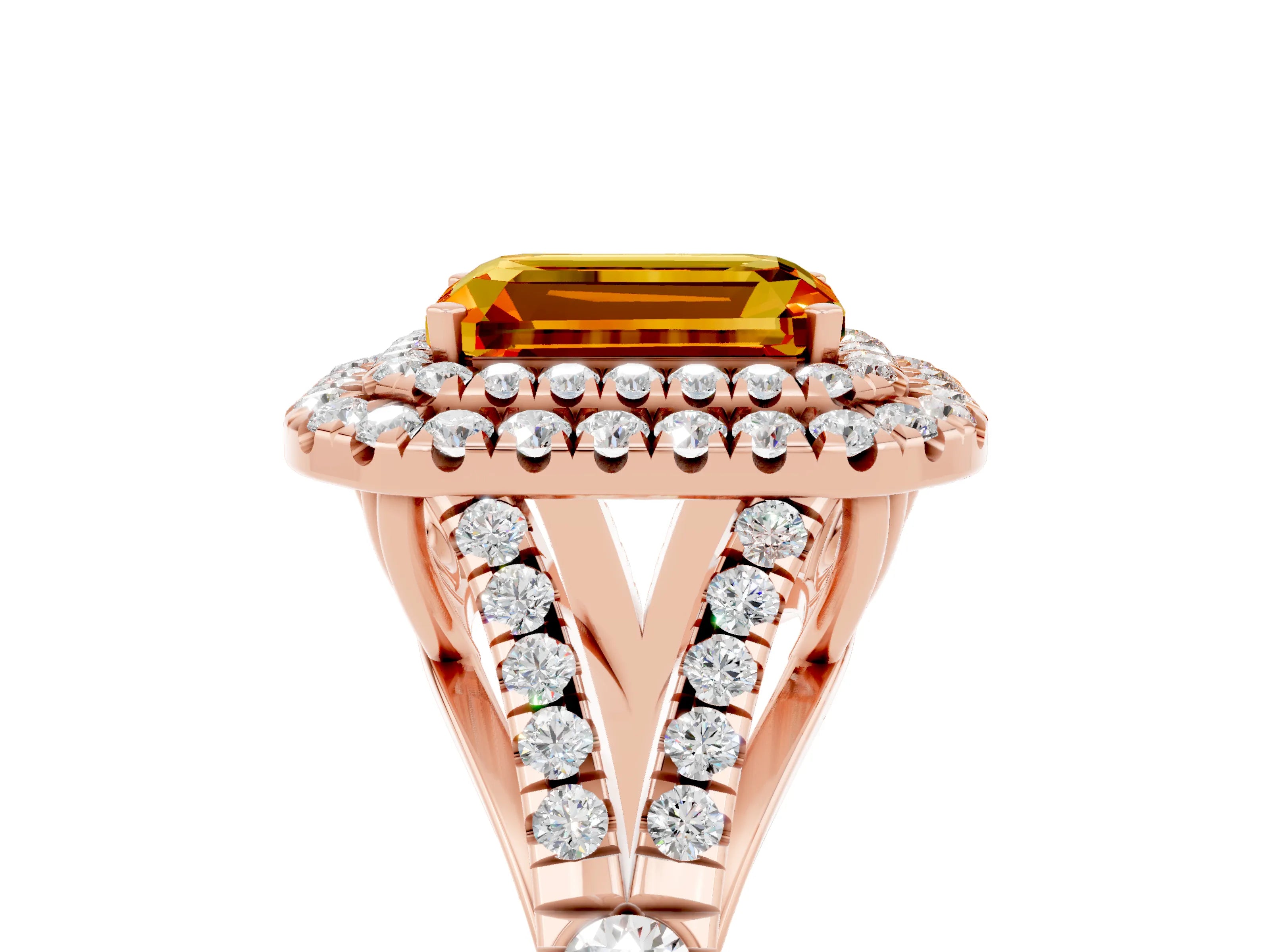 Rose gold Double Halo Emerald Cut Citrine Split Shank Engagement Ring with Four-Prong Setting_5