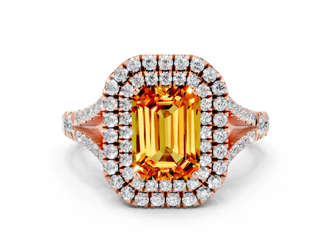 Rose gold Double Halo Emerald Cut Citrine Split Shank Engagement Ring with Four-Prong Setting