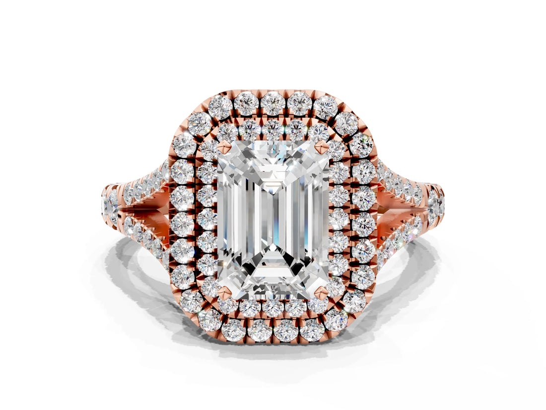 Rose gold Double Halo Emerald Cut Diamond Split Shank Engagement Ring with Four-Prong Setting_3