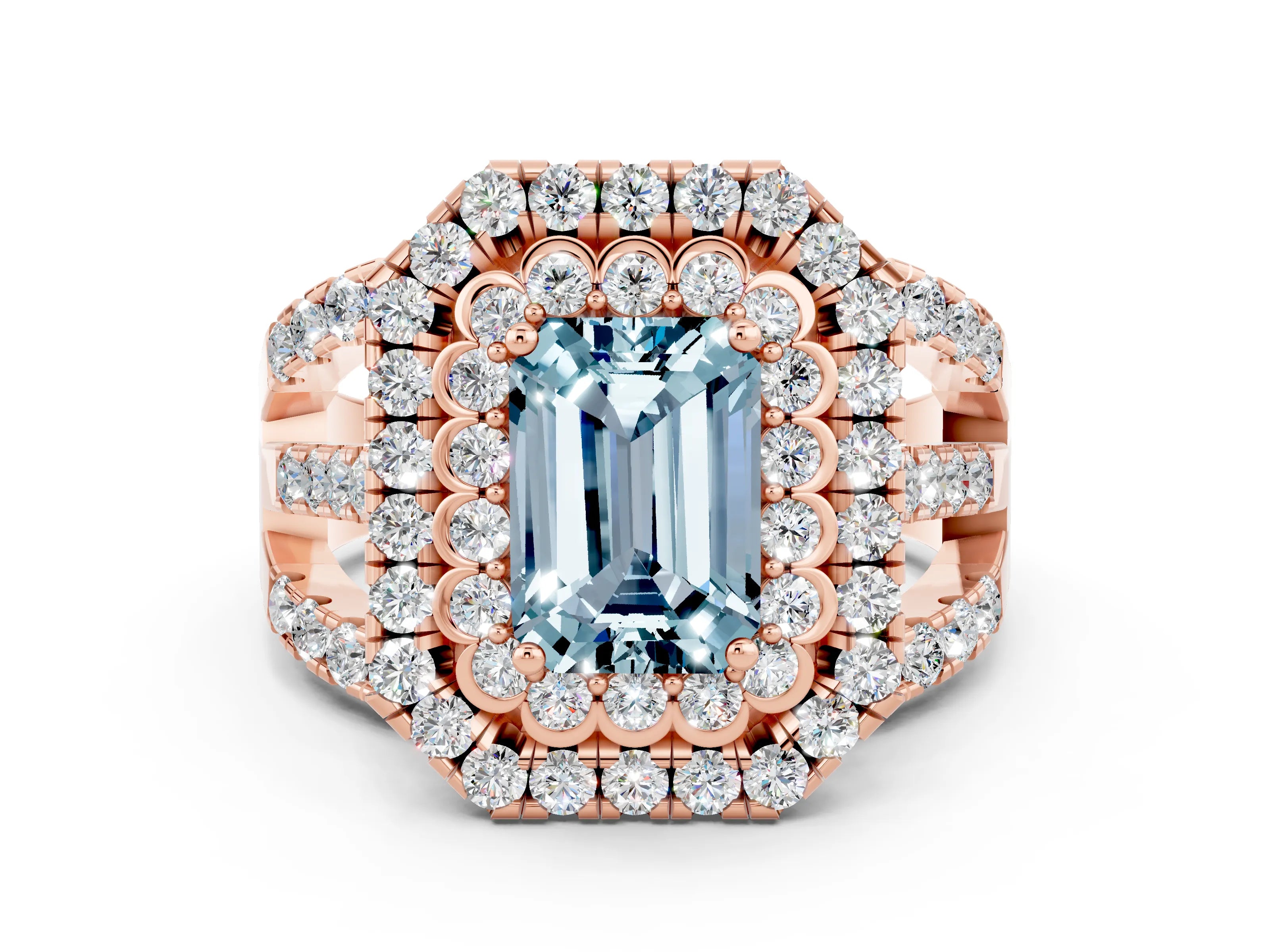 Rose gold Double Halo Emerald Cut Diamond Split Shank Pave Set Ring