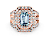 Rose gold Double Halo Emerald Cut Diamond Split Shank Pave Set Ring