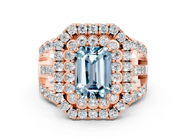 Rose gold Emerald Cut Aquamarine Double Halo Ring with Round Pavé Split Shank and Prong Setting