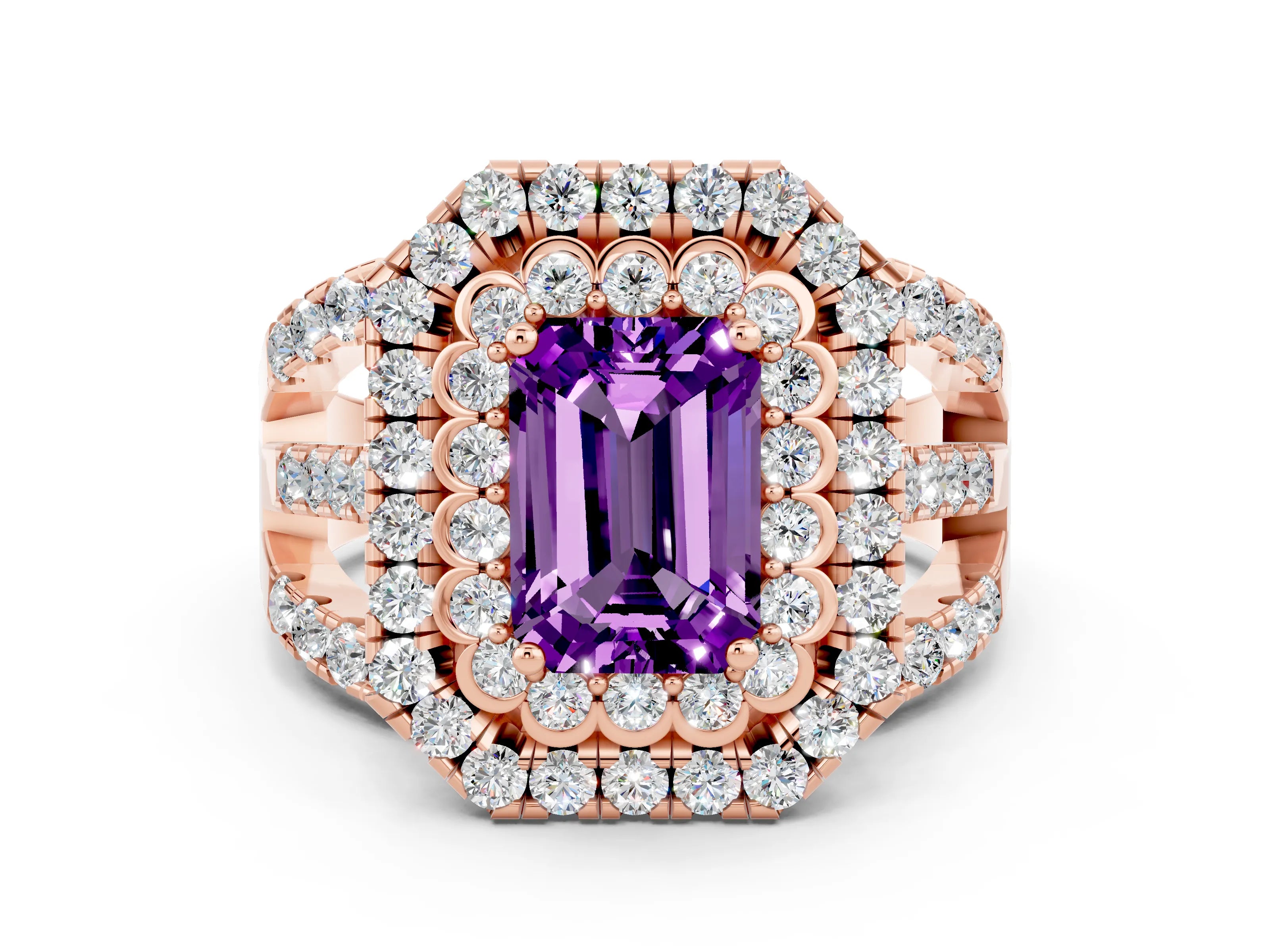 Rose gold Double Halo Emerald Cut Diamond Split Shank Pave Set Ring