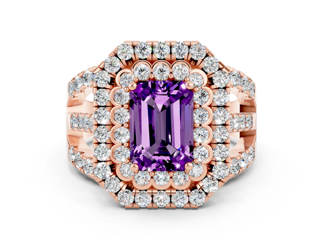 Rose gold Double Halo Emerald Cut Diamond Split Shank Pave Set Ring