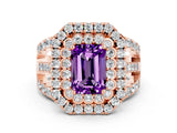 Rose gold Double Halo Emerald Cut Diamond Split Shank Pave Set Ring