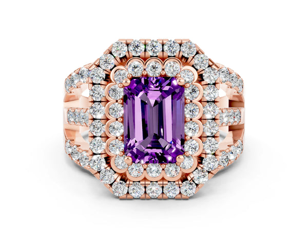 Rose gold Emerald Cut Amethyst Double Halo Ring with Round Pavé Split Shank and Prong Setting