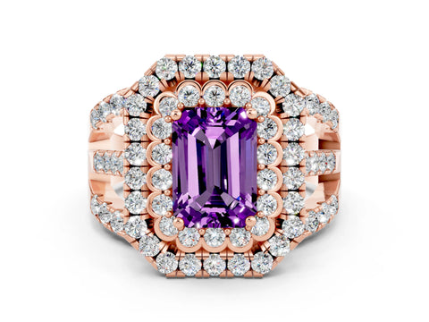 Rose gold Double Halo Emerald Cut Diamond Split Shank Pave Set Ring