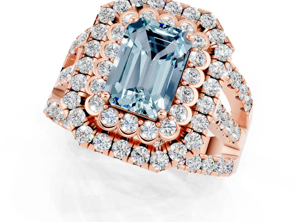 Rose gold Emerald Cut Aquamarine Double Halo Ring with Round Pavé Split Shank and Prong Setting