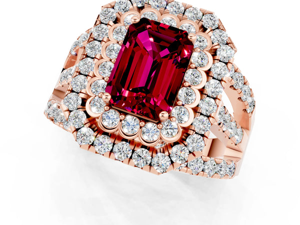 Rose gold Emerald Cut Garnet Double Halo Ring with Round Pavé Split Shank and Prong Setting