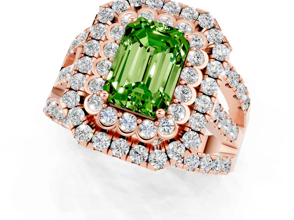 Rose gold Double Halo Emerald Cut Diamond Split Shank Pave Set Ring