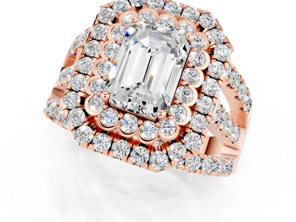 Rose gold Emerald Cut Moissanite Double Halo Ring with Round Pavé Split Shank and Prong Setting