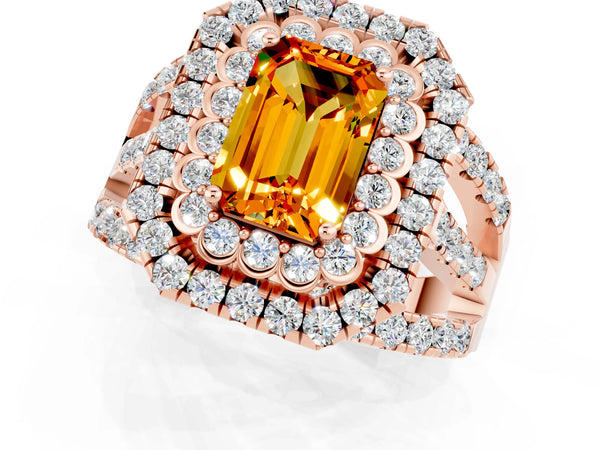 Rose gold Emerald Cut Citrine Double Halo Ring with Round Pavé Split Shank and Prong Setting