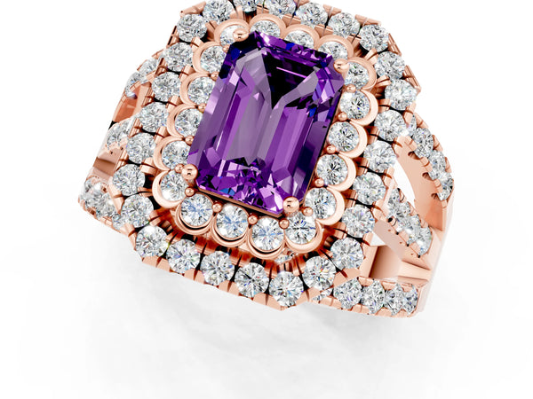 Rose gold Emerald Cut Amethyst Double Halo Ring with Round Pavé Split Shank and Prong Setting