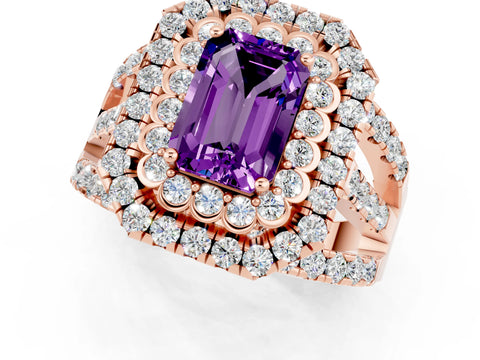 Rose gold Double Halo Emerald Cut Diamond Split Shank Pave Set Ring_1