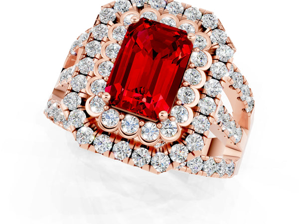 Rose gold Double Halo Emerald Cut Diamond Split Shank Pave Set Ring