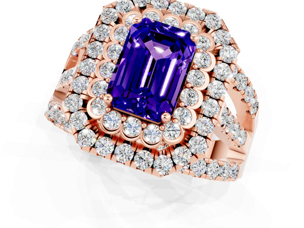Rose gold Emerald Cut Tanzanite Double Halo Ring with Round Pavé Split Shank and Prong Setting