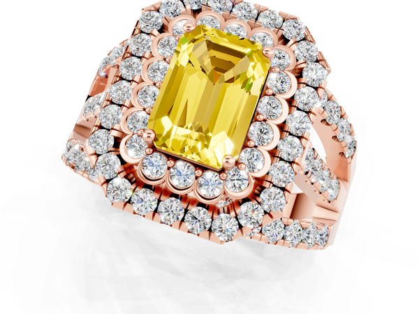 Rose gold Emerald Cut Yellow Sapphire Double Halo Ring with Round Pavé Split Shank and Prong Setting