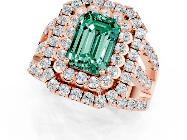 Rose gold Emerald Cut Green Sapphire Double Halo Ring with Round Pavé Split Shank and Prong Setting