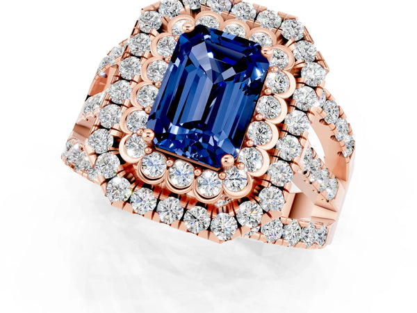 Rose gold Emerald Cut Blue Sapphire Double Halo Ring with Round Pavé Split Shank and Prong Setting