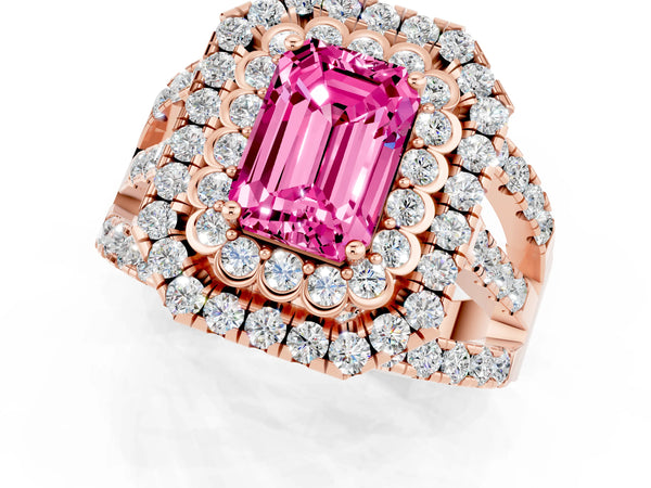 Rose gold Emerald Cut Pink Sapphire Double Halo Ring with Round Pavé Split Shank and Prong Setting