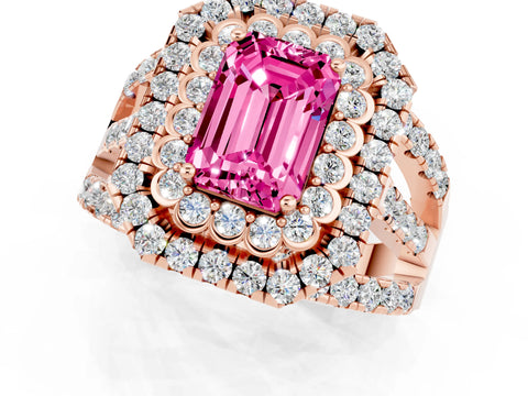 Rose gold Double Halo Emerald Cut Diamond Split Shank Pave Set Ring_1
