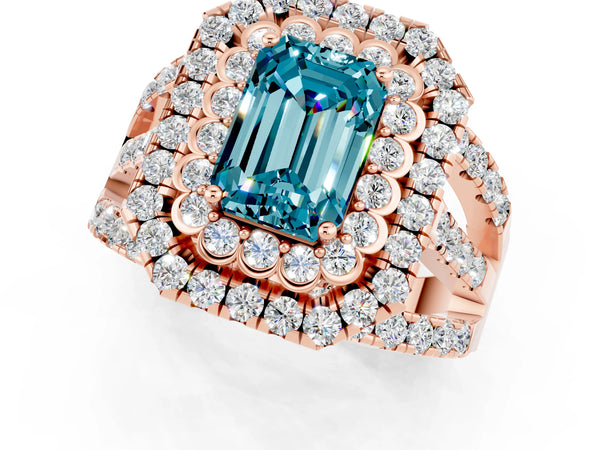 Rose gold Double Halo Emerald Cut Diamond Split Shank Pave Set Ring