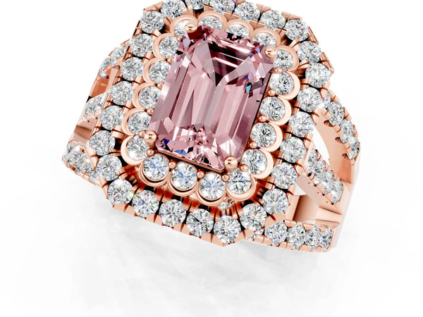 Rose gold Double Halo Emerald Cut Diamond Split Shank Pave Set Ring