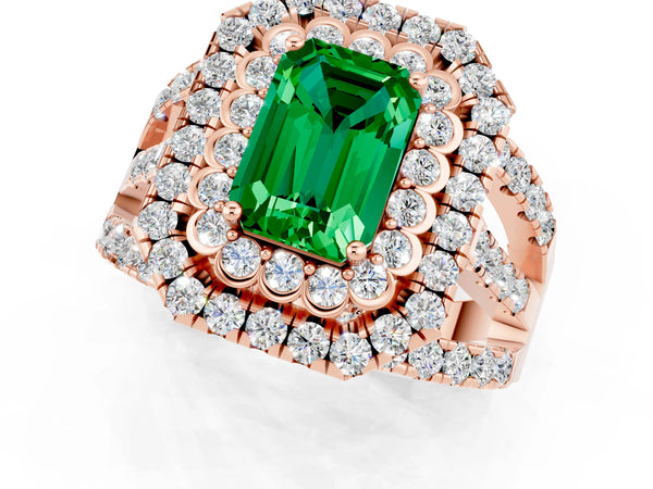 Rose gold Emerald Cut Emerald Double Halo Ring with Round Pavé Split Shank and Prong Setting