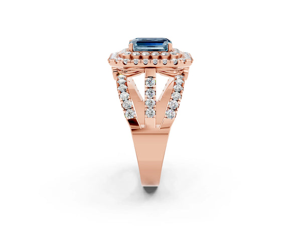 Rose gold Emerald Cut Aquamarine Double Halo Ring with Round Pavé Split Shank and Prong Setting